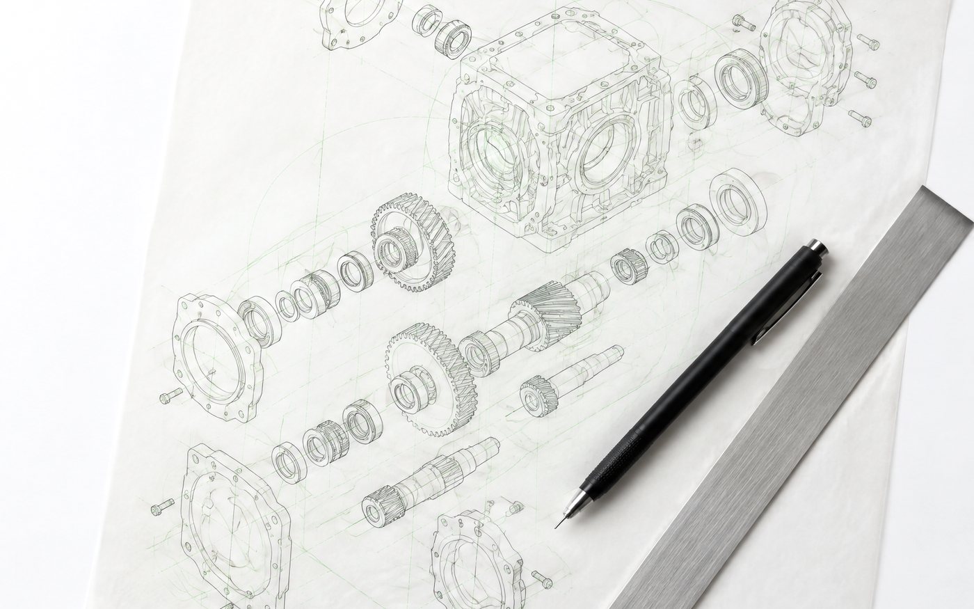 A technical pen resting on an exploded engineering drawing on vellum